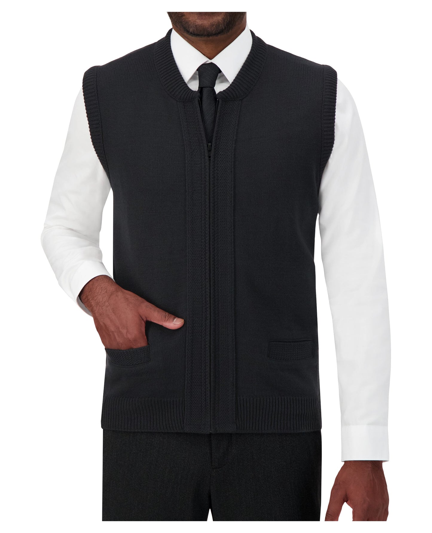Cobmex Crew Neck Zip Front Vest with Seed Stitch Placket and Pockets