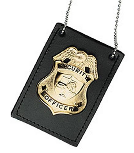 Black Leather Badge Holder with Chain Security Guard Officer ID Holder