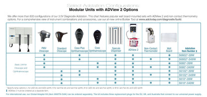 ADC Adstation™ 5610-39W-3.5V Modular Diagnostix Wall System with ADView 2, Standard Otoscope, Coax Ophth, Dispenser, W.Board