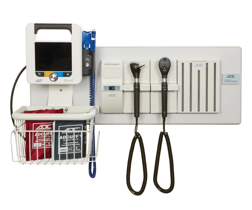 ADC Adstation™ 5610-39W-3.5V Modular Diagnostix Wall System with ADView 2, Standard Otoscope, Coax Ophth, Dispenser, Thermometer, W.Board