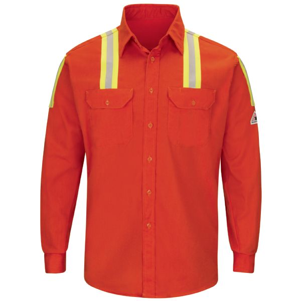 Bulwark Men's Midweight FR Enhanced Visibility Uniform Shirt with Silver/Yellow Striping - Orange