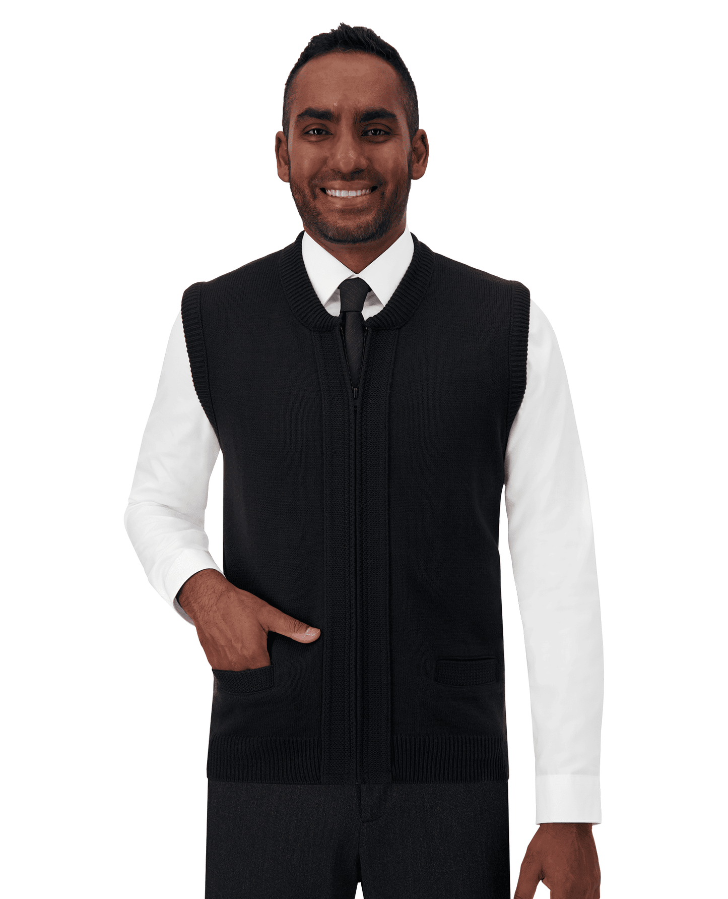Cobmex Crew Neck Zip Front Vest with Seed Stitch Placket and Pockets