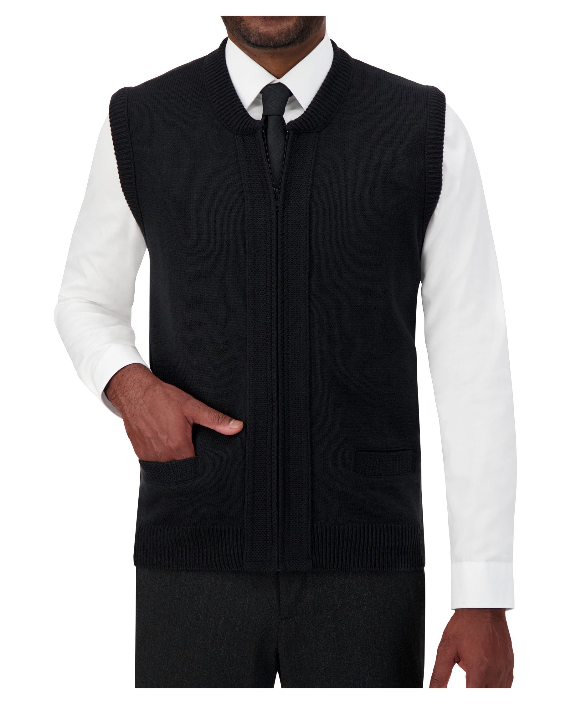 Cobmex Crew Neck Zip Front Vest with Seed Stitch Placket and Pockets