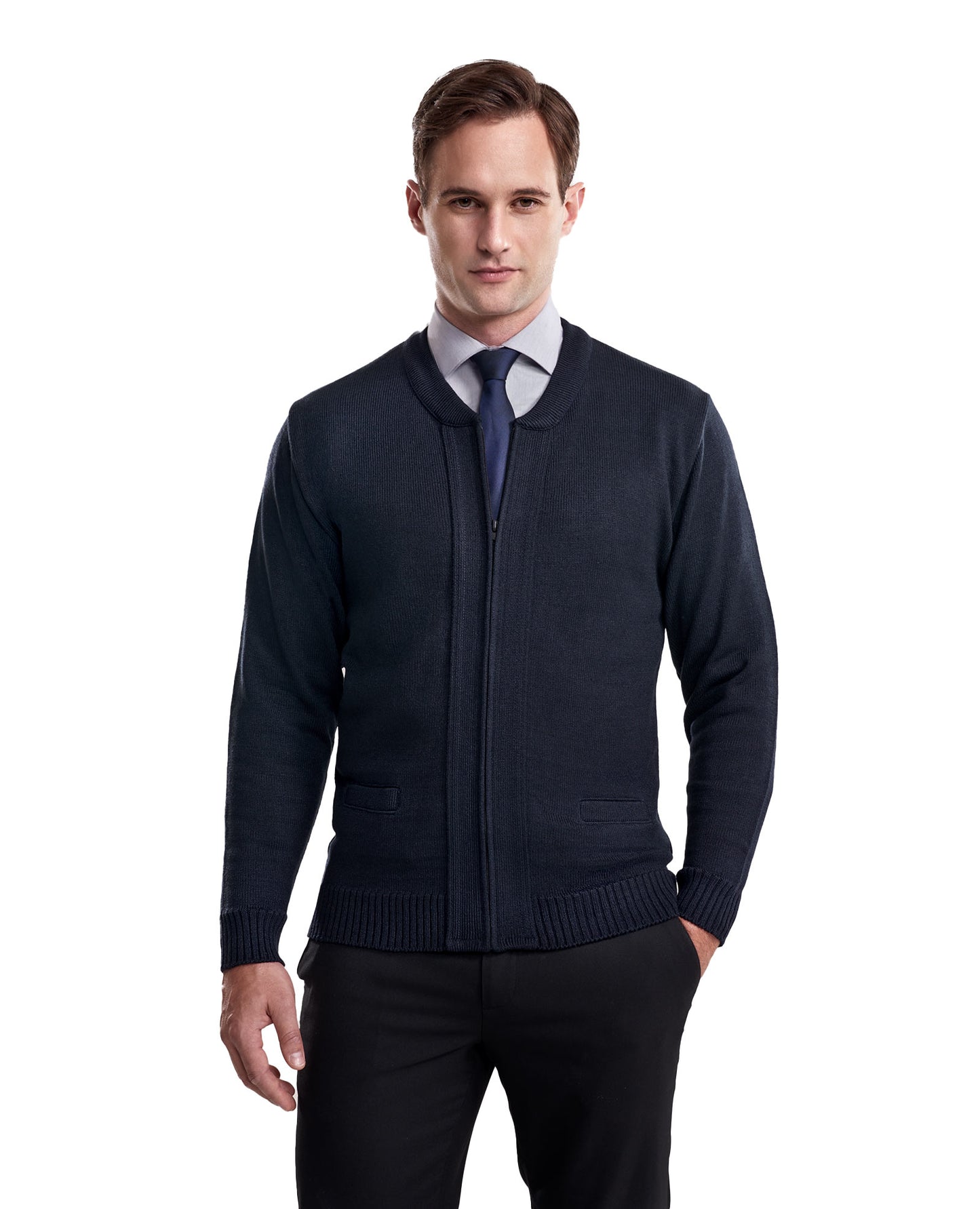 Cobmex Crew Neck Long Sleeve Zip Front Cardigan with Pockets, Ribbed Waistband and Cuffs