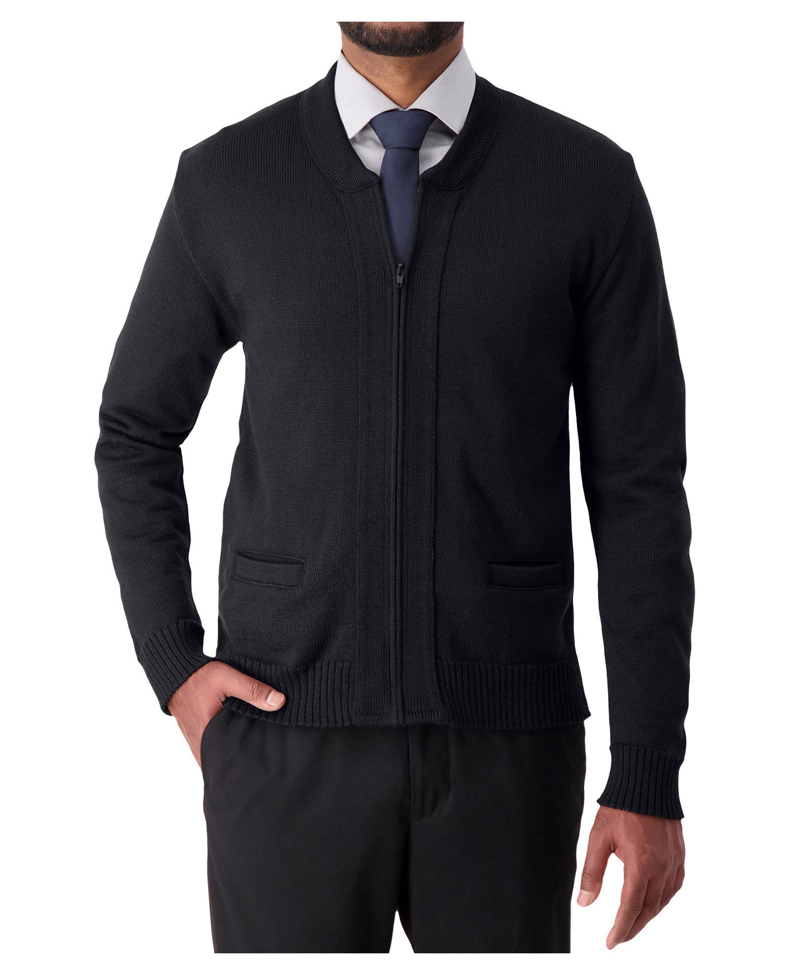 Cobmex Crew Neck Long Sleeve Zip Front Cardigan with Pockets, Ribbed Waistband and Cuffs
