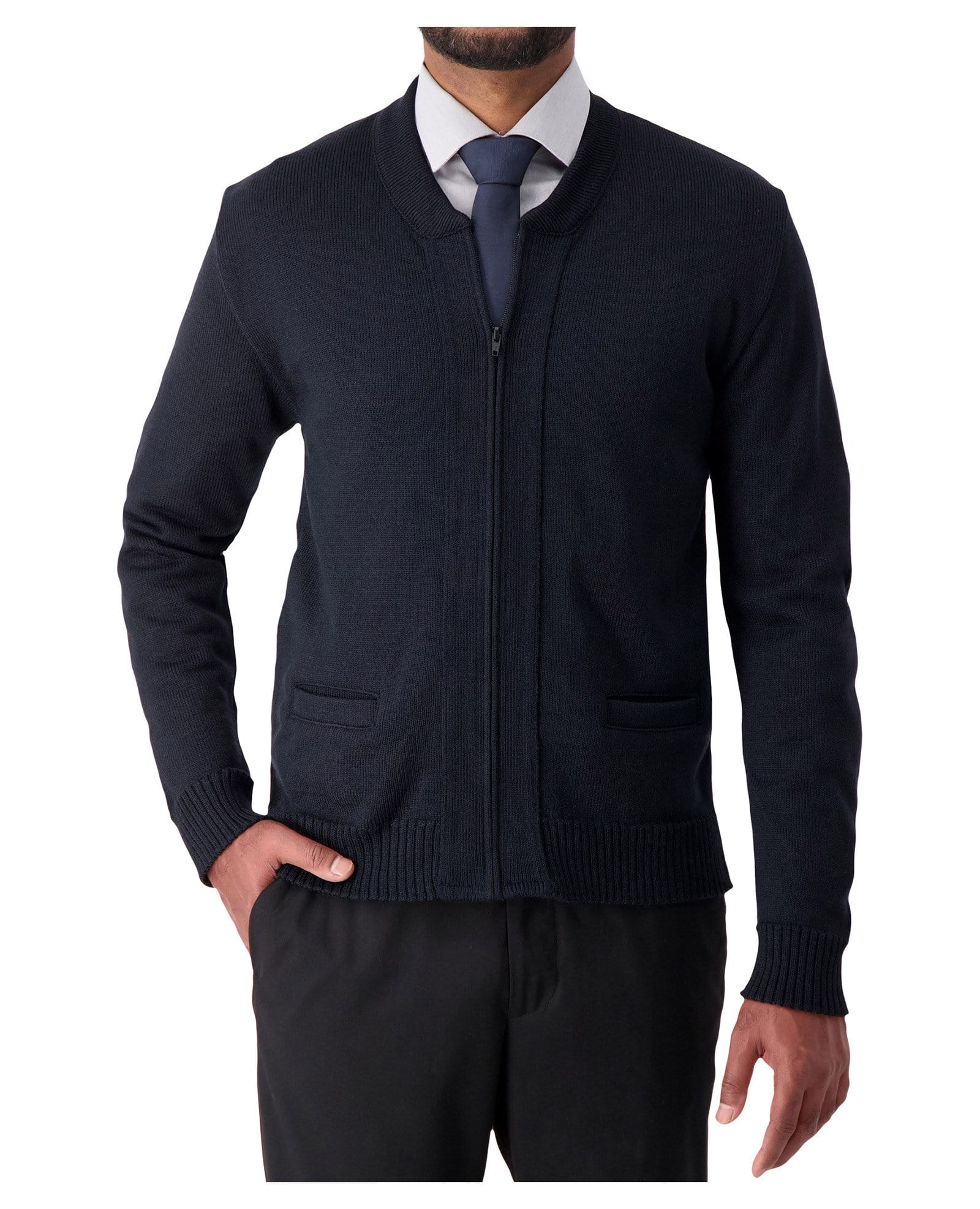 Cobmex Crew Neck Long Sleeve Zip Front Cardigan with Pockets, Ribbed Waistband and Cuffs