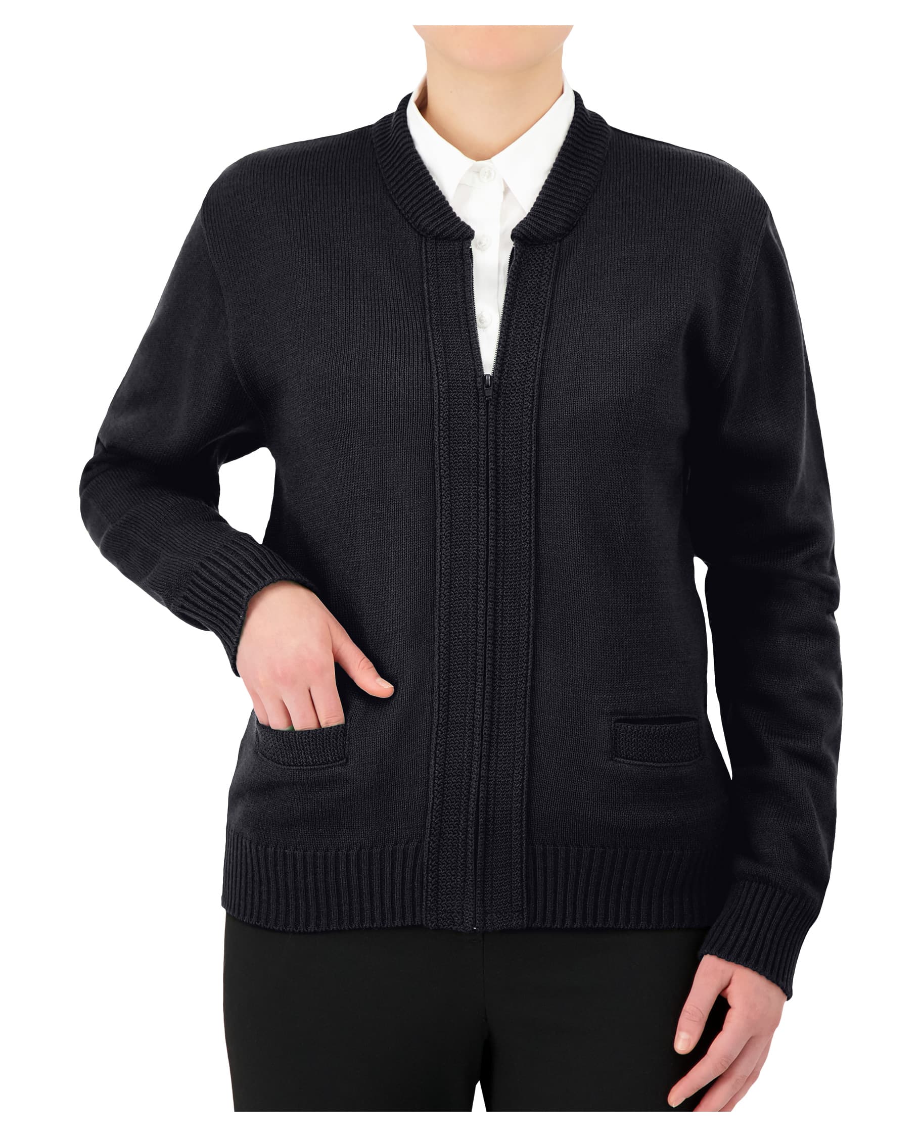 Cobmex Crew Neck Zip Front Cardigan with Seed Stitch Placket and Pockets, Reinforced Elbows, Ribbed Waistband and Cuffs
