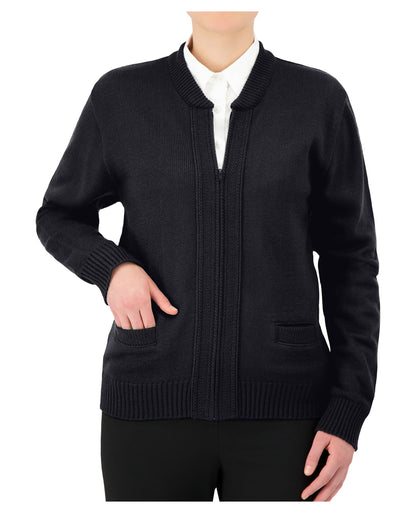 Cobmex Crew Neck Zip Front Cardigan with Seed Stitch Placket and Pockets, Reinforced Elbows, Ribbed Waistband and Cuffs