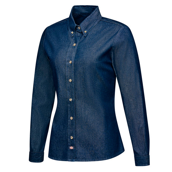 Dickies Women's Denim Long Sleeve Work Shirt - Indigo Blue