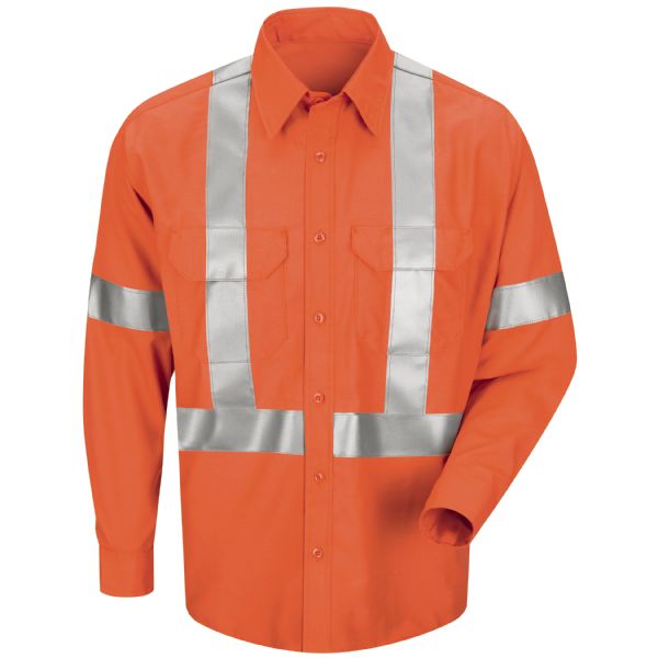 Red Kap Men's Long Sleeve Poplin Dress Shirt with CSA Compliant Reflective Trim - Orange
