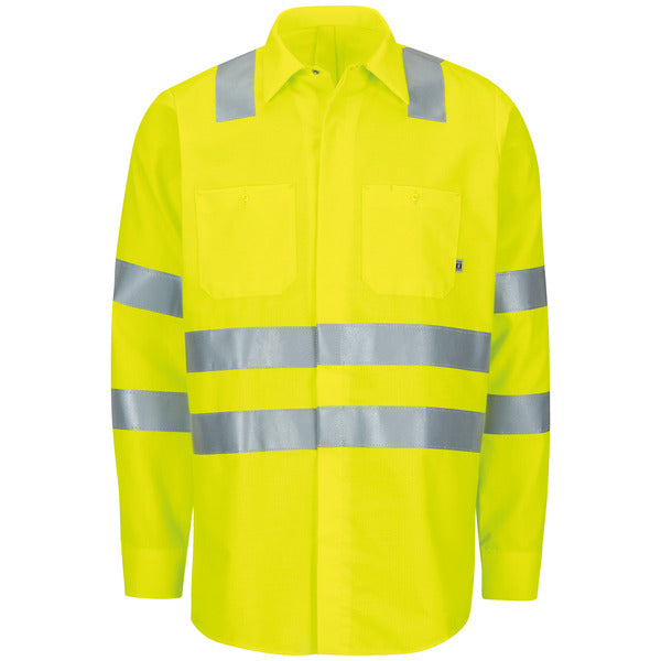 Red Kap Long Sleeve Hi-Visibility Ripstop Work Shirt with MIMIX® + OilBlok, Type R Class 3 - Fluorescent Green Yellow