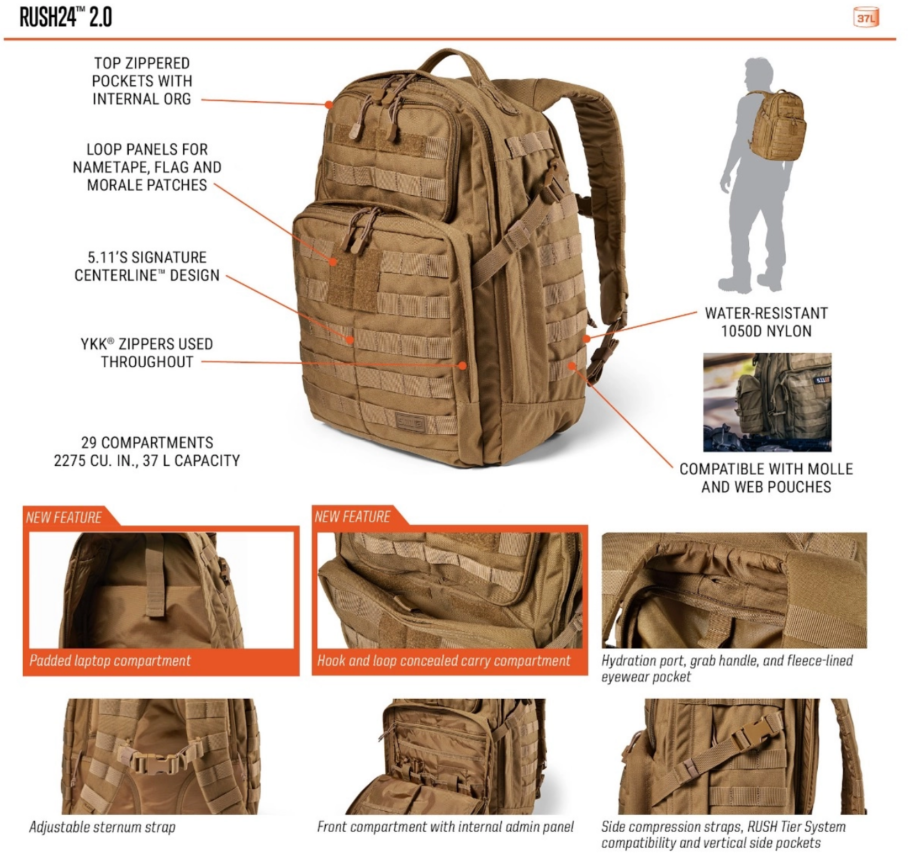 5.11 Tactical Rush24 2.0 Multicam Backpack 37L - Emergency